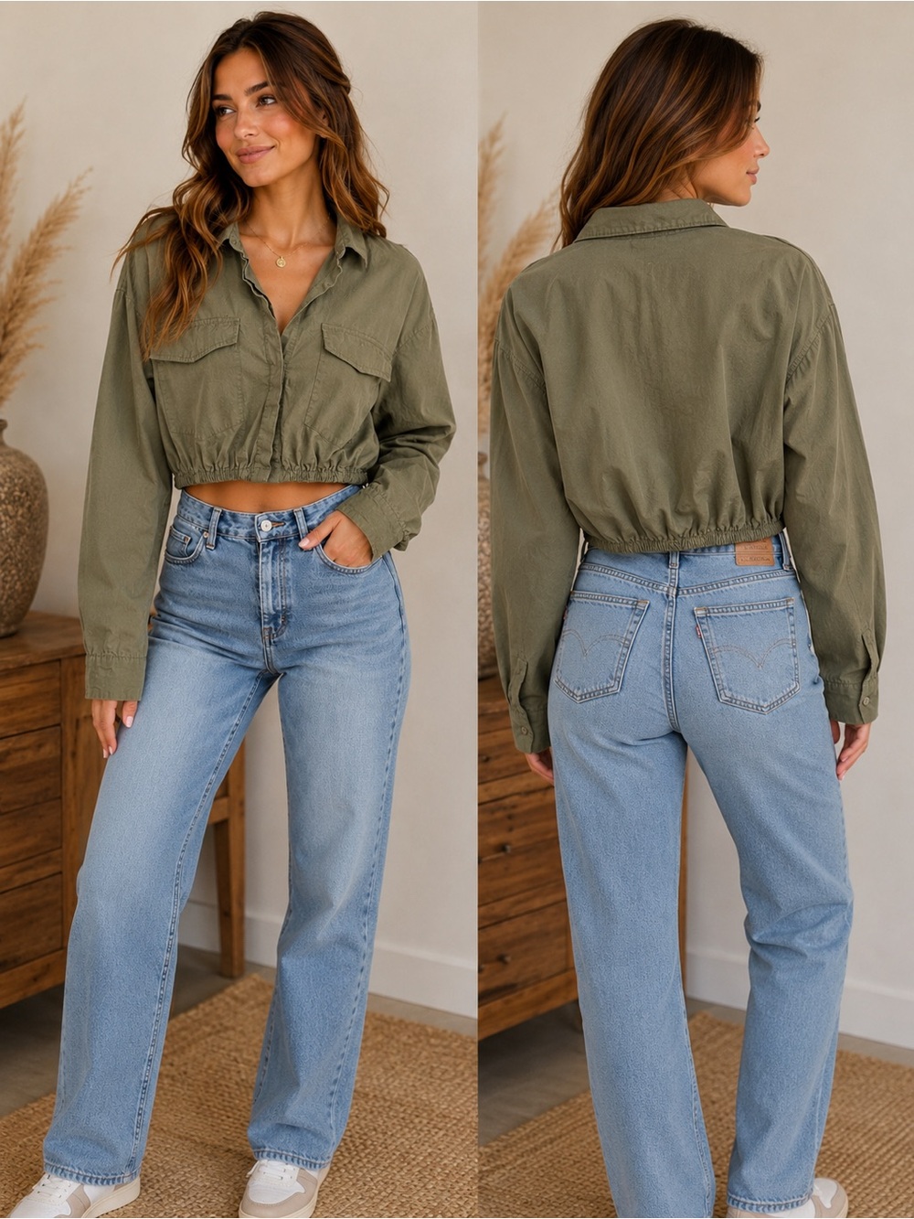 Love Notes Cropped Utility Blouse in Olive Green